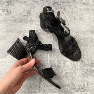 Zara Black Basket Weave Faux Round Heel Stacked Sandal 39